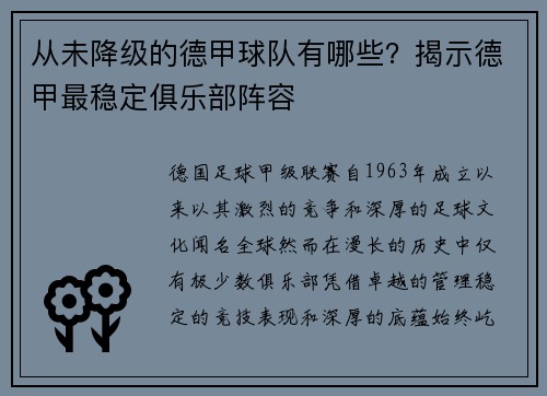 从未降级的德甲球队有哪些？揭示德甲最稳定俱乐部阵容
