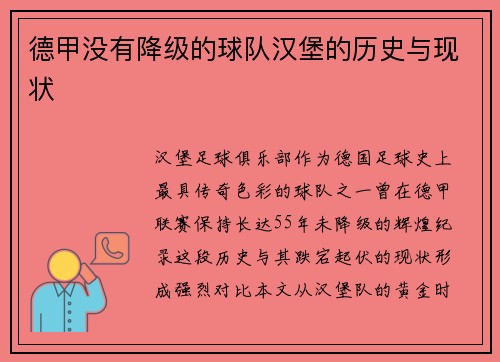 德甲没有降级的球队汉堡的历史与现状